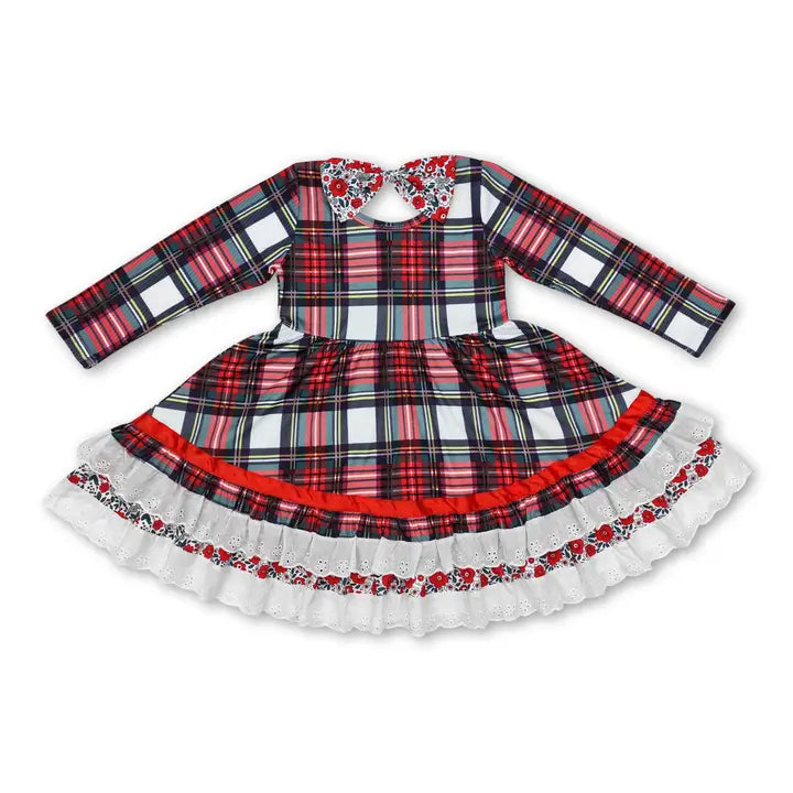 Christmas Plaid Ruffle Lace Twirl Dress Preorder