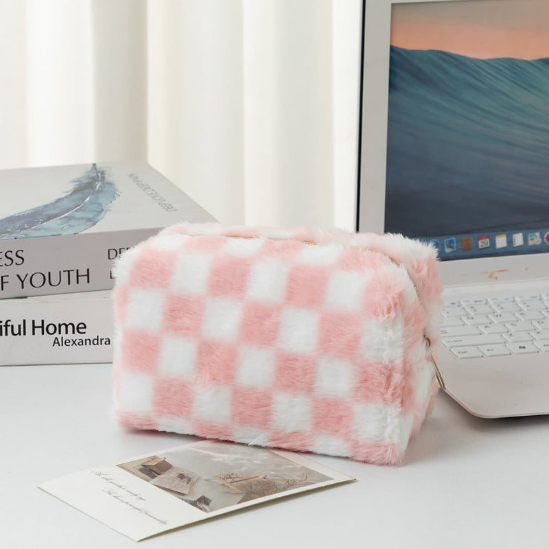Plush Checkered Makeup Bag Preorder