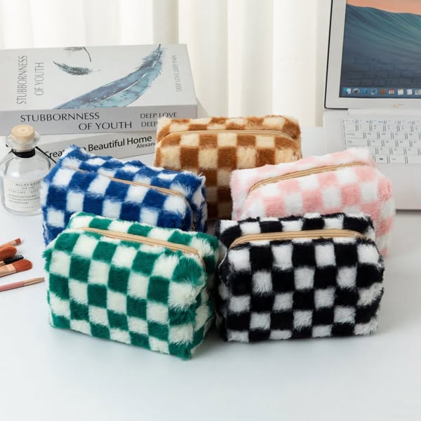 Plush Checkered Makeup Bag Preorder