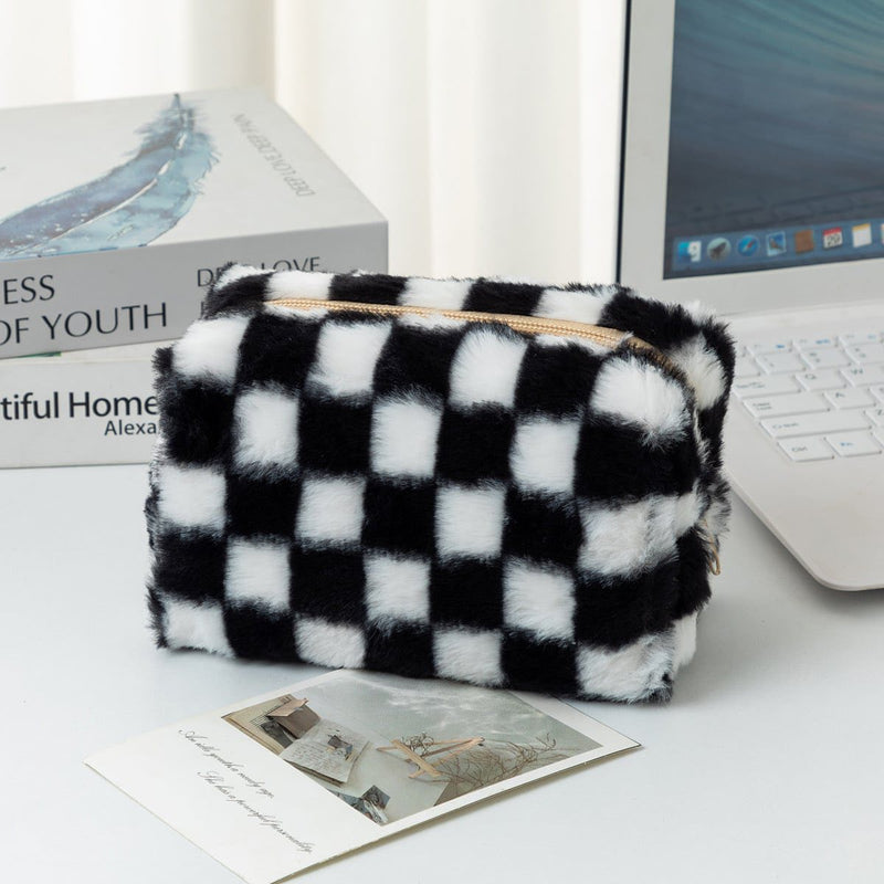 Plush Checkered Makeup Bag Preorder