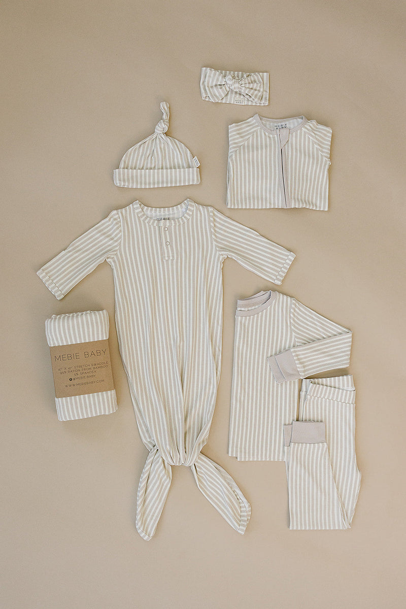 Taupe Stripe Ribbed Bamboo Newborn Knot Hat